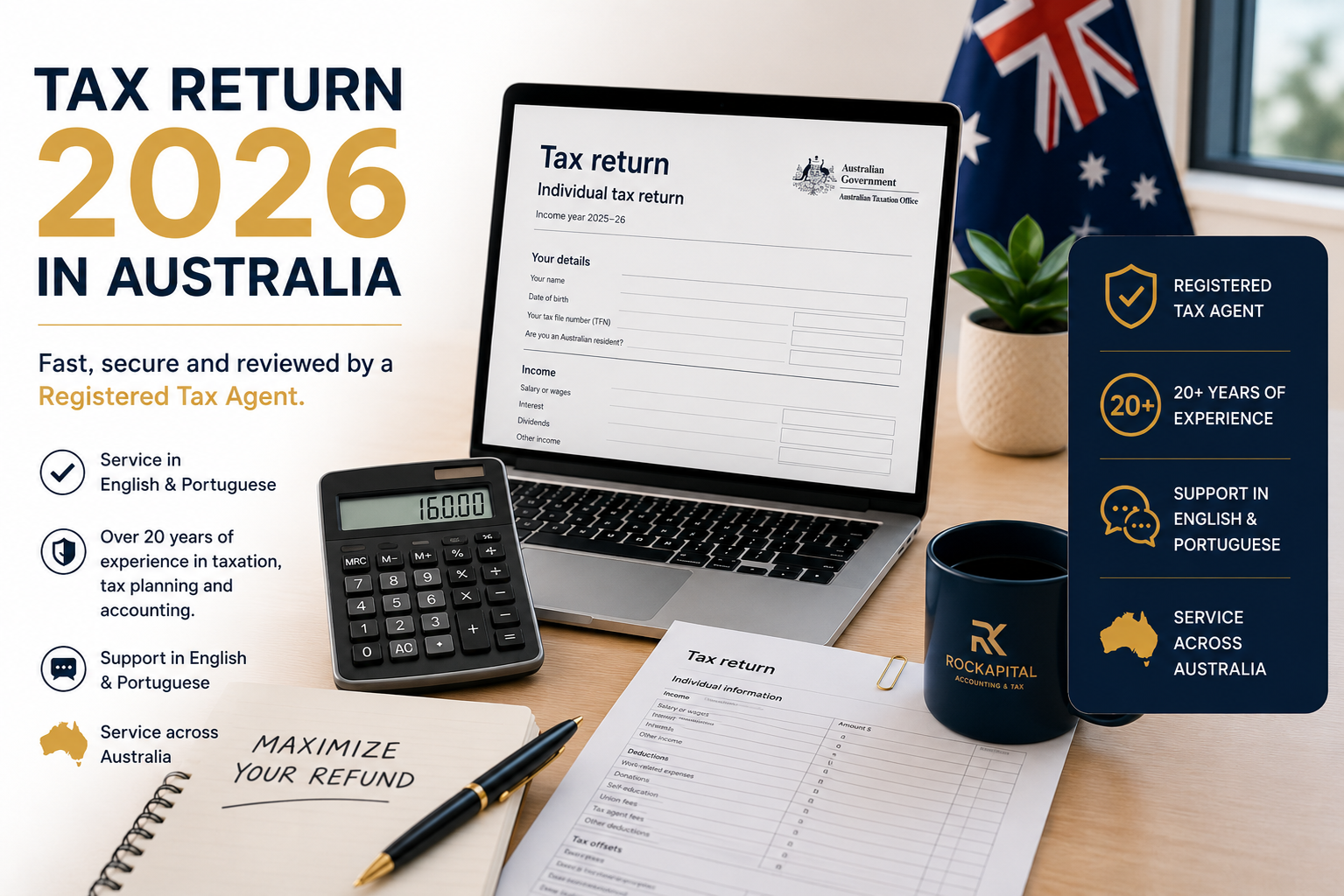 Tax Return 2026 in Australia with English and Portuguese service